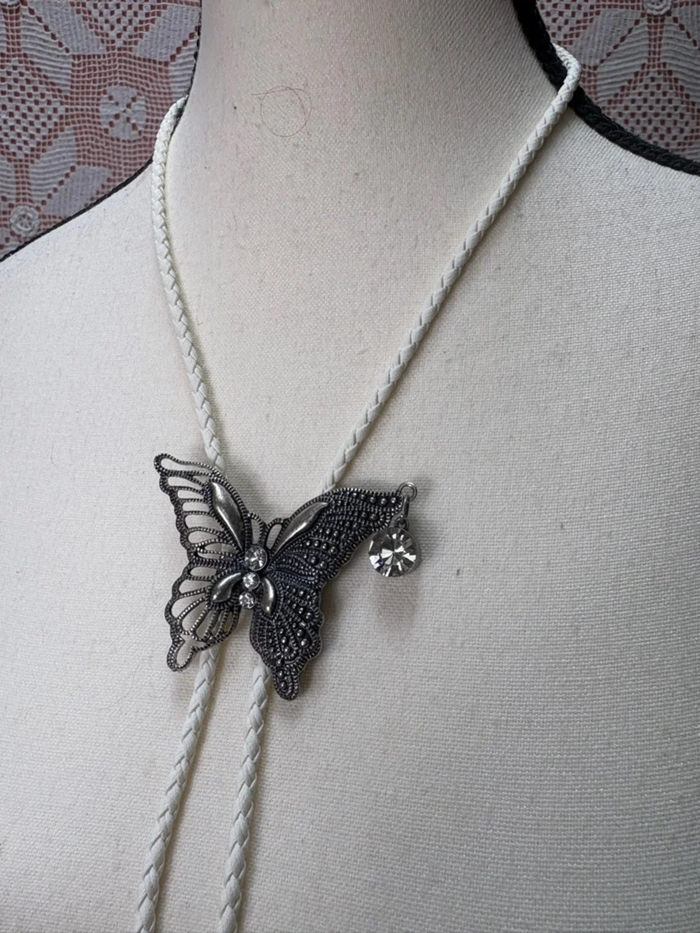 Handcrafted Butterfly Bolo Tie Necklace White Braided Cord - Picture 6 of 7